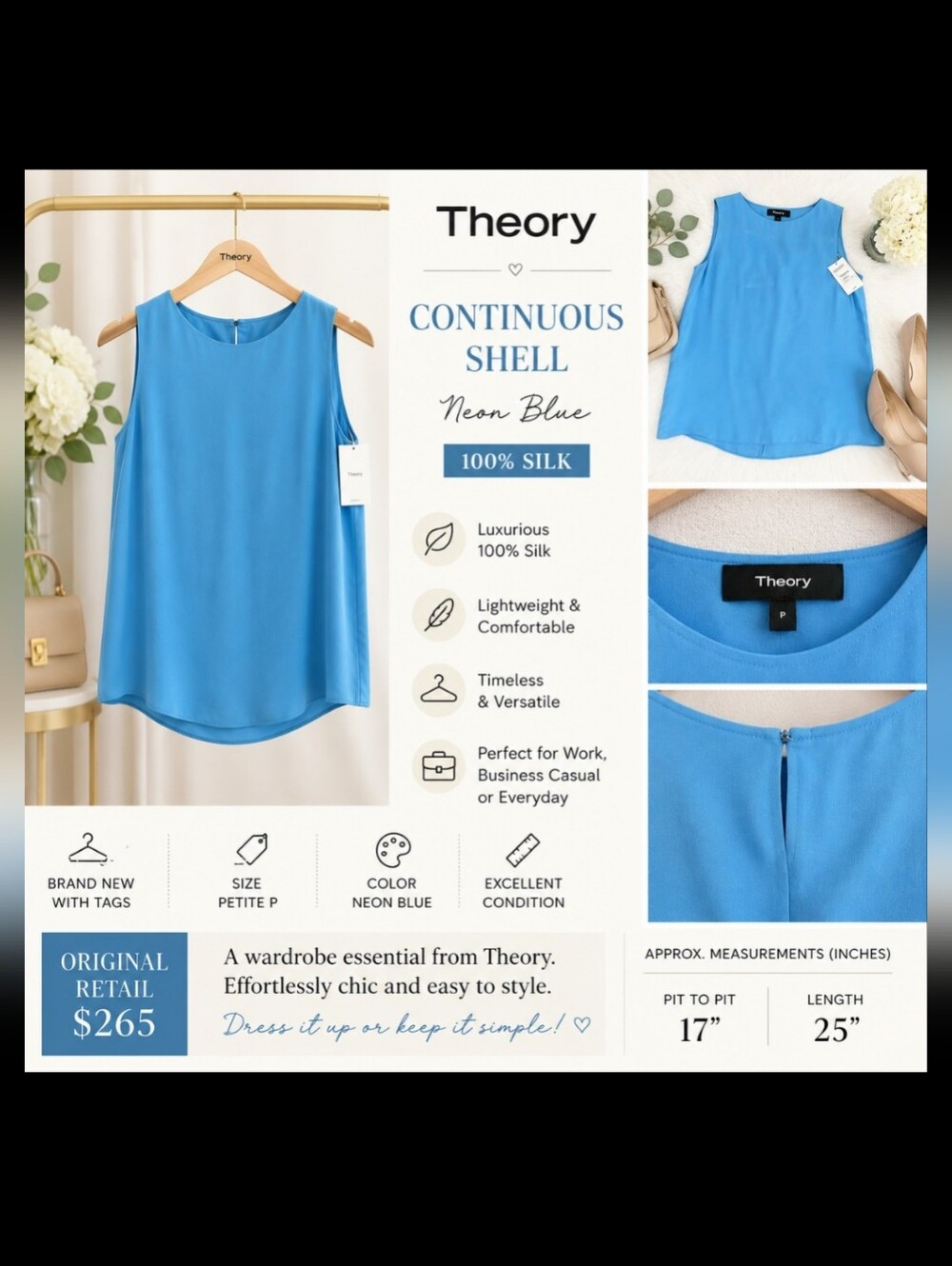 NWT Theory Sleeveless Shell Top in Sky Blue